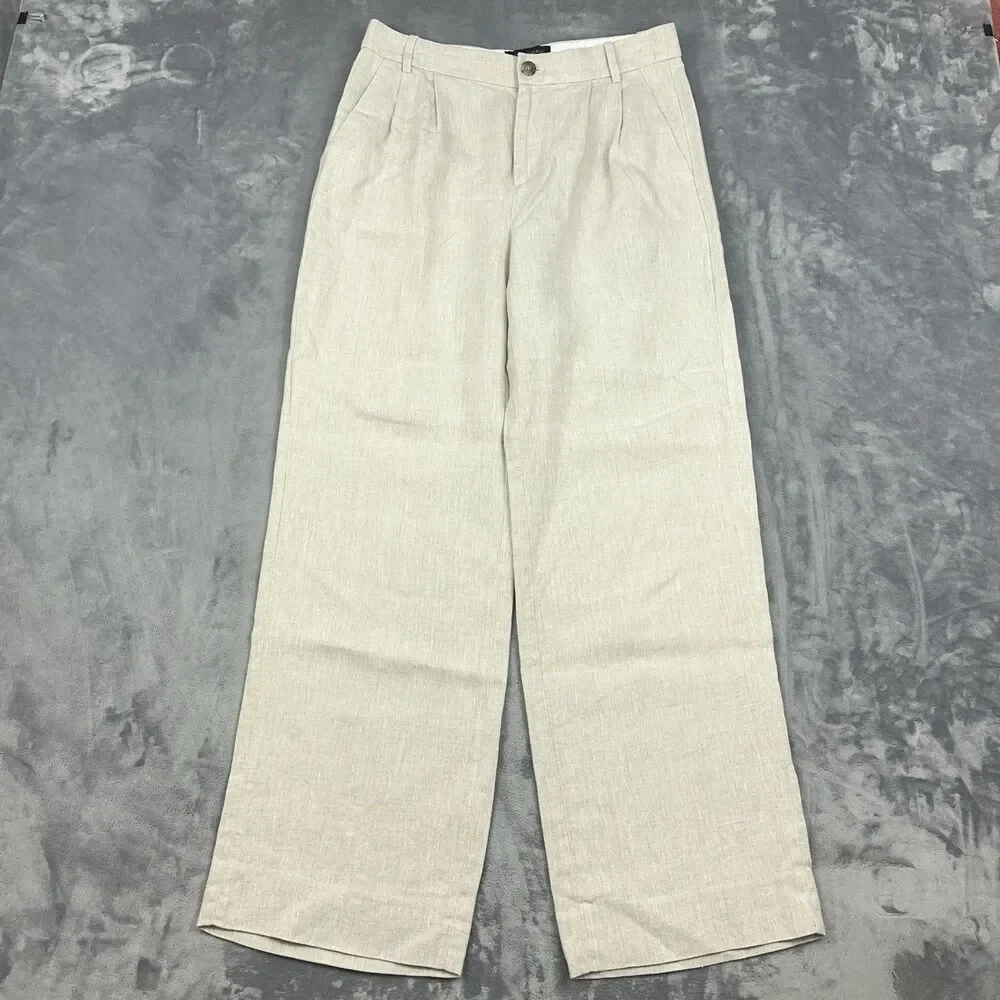 Banana Republic Linen Wide Leg Pants Womens Sz 4 Oatmeal Beige Pleated Trouser